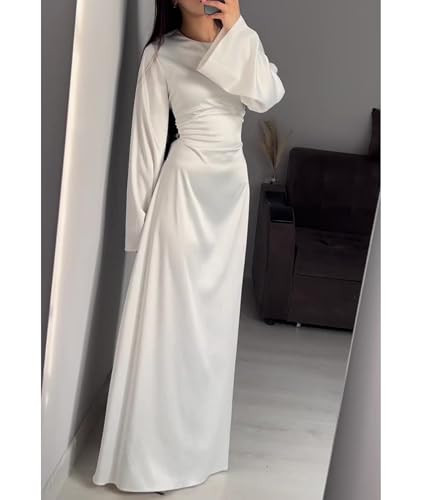 xxxiticat Women's Slip Satin Long Dress Long Sleeve Round Neck Back Lace Up Bandage Tie Wedding Party Maxi Dresses3