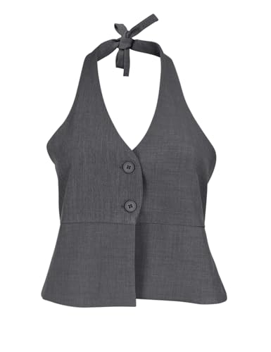 Fanway&EC Women's Casual V Neck Button Front Crop Vest Sleeveless Sexy Halter Backless Waistcoat Jacket4