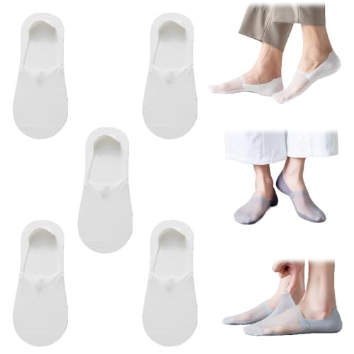 Men's No Show Socks 5 Pairs - Ice Silk Invisible Anti Slip for Loafers & Boat Shoes | Ultra Thin Breathable Liner Low Cut