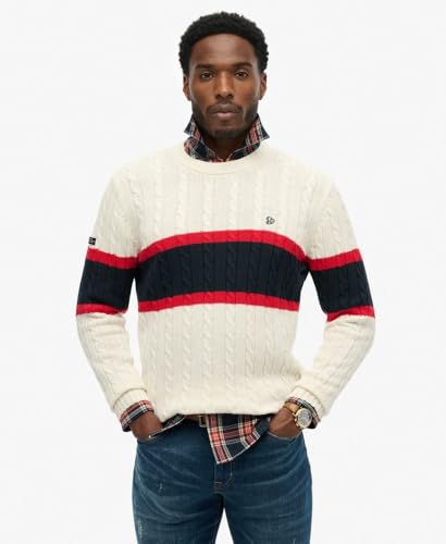 Superdry Cotton Stripe Cable Jumper Pullover Sweater, Ecru/Eclipse Navy, XXL Men's