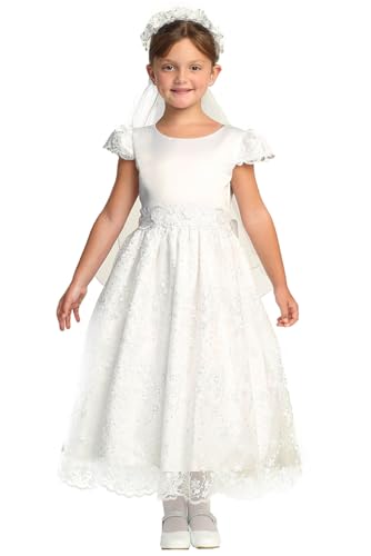 Made in USA - First Communion Dress for Girls w/Satin Bodice & Embroidered Tulle w/Cap Sleeve - White 1st Communion Dress