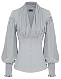 SCARLET DARKNESS Damen Steampunk Bluse Langarm V-Ausschnitt mit Rüschen Slim-fit Gothic Tunika Hellgrau XXL