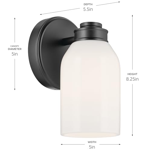 Image of Kichler Shae 1-Light Bathroom Wall Light, Black | White opal glass wall light for bathrooms, hallways and mirrors (5 inch x 8.25 inch), 55200BK