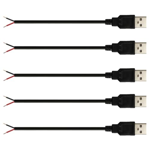Jienk 5Pcs 1Ft 30CM 22AWG USB 2.0 Male 2Pin Pigtail Cable 3A 5V USB Type A 2 Core Bare Wire Open End Extension Cable for DIY Repair Cable Black