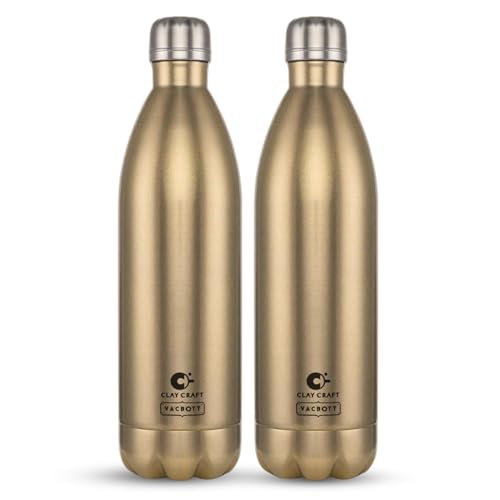 Image of CLAY CRAFT VACBOTT Stark Sparkle Double Walled Thermosteel|18 Hours Hot and 24 Hours| Cold Water Bottle Vacuum Insulated Flask Bottle|1000 ml, 2 Piece, Water Bottles for School, Home, Gym, Leakproof