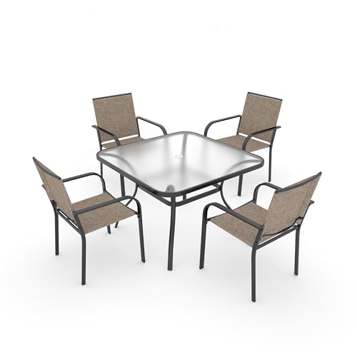 Image of Anmutig 5-Piece Outdoor Patio Dining Set 37-Inch Square Glass Table with 4 Stackable Chairs for Lawn Backyard and Deck, Beige Grey