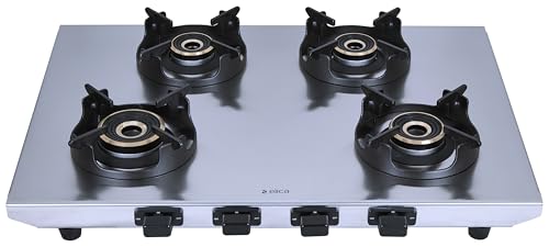 Image of Elica 4 Burner 2mm Stainless Steel Gas Stove | INOX HD 4B 69 | 69cm Layout, Forged Brass Burners - 1 Jumbo 1 Medium 1 Small Burners, Crown Shape Pan Support, 2 Yr Warranty
