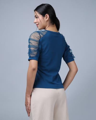 Image of Noble Monk Women's Solid Stretchable Top | Round Neck Half Sleeve | Regular Fit Top for Women