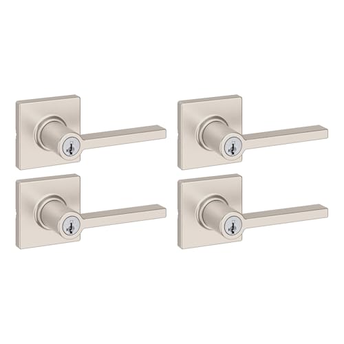 Image of Kwikset Casey Entry Door Handle with Lock and Key, Secure Keyed Reversible Lever Exterior, for Front Entrance and Bedrooms, Satin Nickel, 4 Pack, Pick Resistant SmartKey Rekey Security and Microban