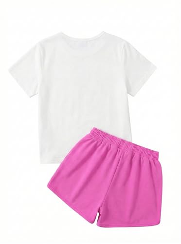 Image of Girls 2 Piece Summer Outfits Graphic Tee and Elastic Waist Shorts Set Activewear White Pink 9-10 Years