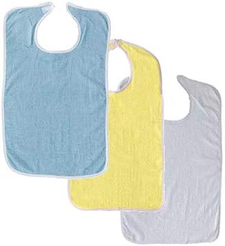 3 Terry Adult Bib with Hook and Loop Closure (Blue, Yellow, White)