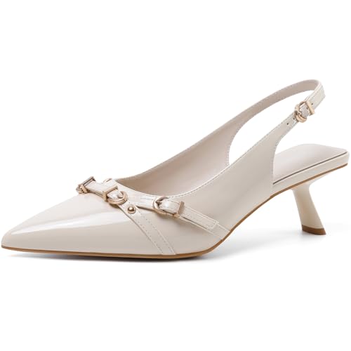 Image of Mostrin Kitten Heels for Women Pointed Toe Pumps Patent Leather Low Heel Slingback Heels with Buckle Dress Shoes for Dating Party Working
