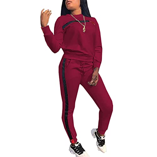 Nhicdns Jogging Suit Sets For Women 2 Piece Outfits Sweatsuit Color Block Round Neck Sweatshirt + Skiny Long Pants Tracksuit Deep Red 2Xl #TOP1