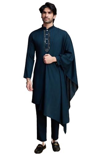 Pyjama kurta haut de gamme pour homme avec broderie miroir 10721 coupe regular bleu sarcelle
