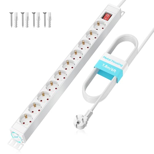 Steckdosenleiste 10 Fach mit Überspannungsschutz und 360° Drehbaren Halterungen, Mehrfachsteckdose 10-Fach mit Schalter Weiß, Metallgehäuse - Airmom