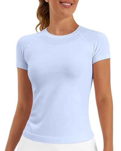 Image of Stelle Women Workout Tops Short Sleeve Seamless Athletic Shirts Yoga Gym Sports Breathable Tees