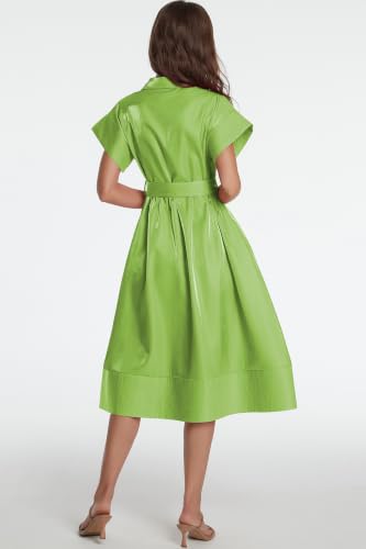Image of Ladyful Women Casual Button Down Shirt Dress Short Wing Sleeve Buiness Midi Shirt Dress with Belt Elegant Dress