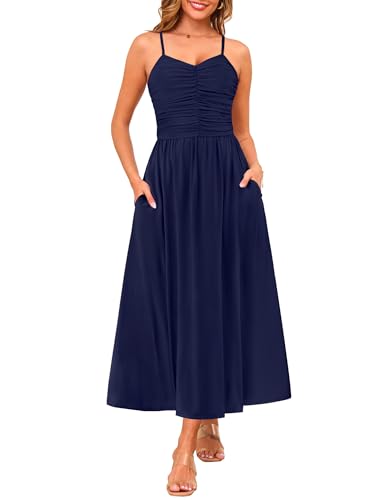 Image of Annebouti Women 2026 Summer Spring Ruched Maxi Dress Adjustable Spaghetti Strap Floral Beach Long Sundress with Pockets