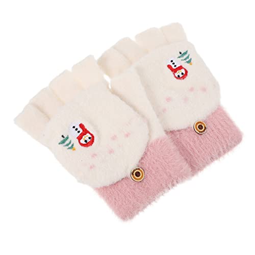 Winter Flip-Cover Mittens for Kids and Adults White Knitted Warm Gloves Embroidery Half-Finger Design Suitable for Cold Weather Boys and Girls