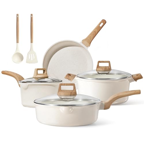 Image of CAROTE Pots and Pans Set Nonstick, White Granite Induction Kitchen Cookware Set, 9 Pcs Non Stick Cooking Set w /Frying Pans & Saucepans