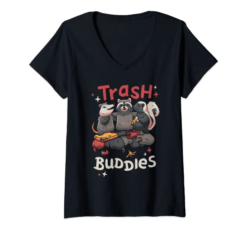 Donna Trash Buddies Animale Migliori Amici Maglietta con Collo a V