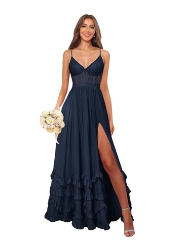 Qgeno Plus Size Bridesmaid Dresses Navy Blue Corset Chiffon Gown 4