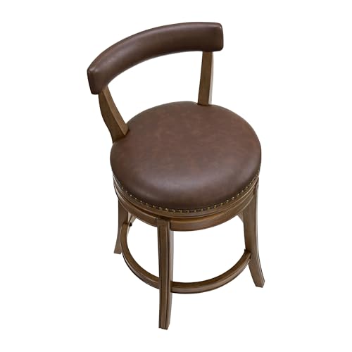 Image of ROME + OAK Ruxban 26 inch Counter Stool, Set of 4 Low Back Swivel Barstools in Walnut Finish with Saddle Brown Vegan Leather Seat - Indoor Home Furniture