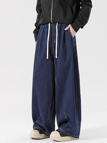 Men's Jeans Spring Summer Japanese Workwear Elastic Waist Denim Wide Leg Long Pants for Men2