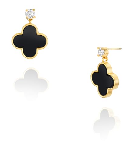 Unique Earrings for Women Trendy, 14K Gold Plated Four Leaf Clover Heart Butterfly Stud Dangle Earrings, Black Onyx White Huggie Earrings Birthday Christmas Valentine's Day Jewelry Gifts