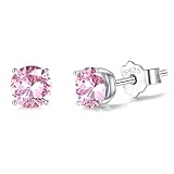 Silver Stud Earrings for Women Girls, Sterling Silver Pink Cubic Zirconia Small Stud Earrings Hypoallergenic Faux Round Diamond Studs Sleeper Earrings for Her Birthday Christmas Gifts, 6mm