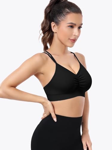 Image of VEQKING Ruched Sports Bras for Women Large Bust, Seamless Yoga Bra, 3 Pack | Removable Padded, Strappy Criss Cross Back, Medium Support for Yoga, Pilates & Gym, Full Coverage, No Bounce, No Spillage