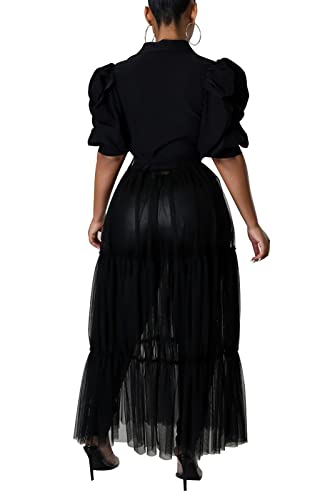 Ronikasha Women Sexy Short Sleeve Bodycon High Low Asymmetrical Ruffle Tunics Blouse Shirt Top Dress Black,X-Large #TOP2