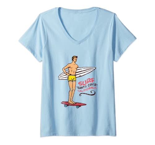 Womens Santa Cruz, California Surf Retro Surfboard 60s 70s 80s V-Neck T-Shirt