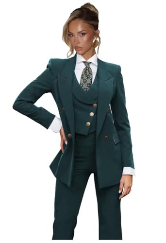 Fashion Teal Suits for Women 3 Piece Set Petite 4 Button Long Sleeve Peak Lapel Womens Suit Wide Leg Pant Suits for Women Size X-Small