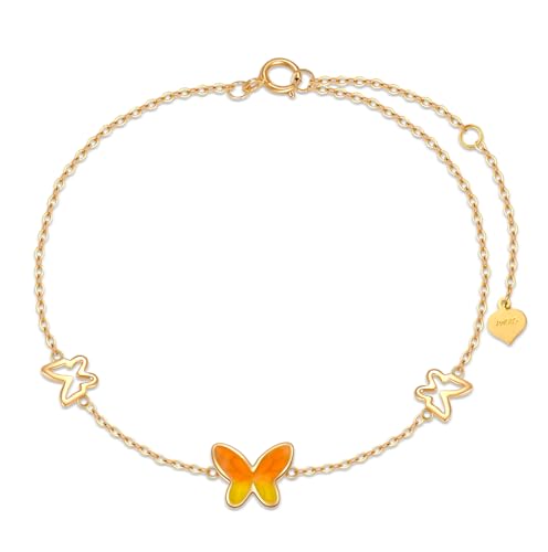 14K Solid Gold Butterfly Bracelet for Women,14 kt Yellow Gold 3 Small Butterfly Animal Bracelets Fine Christmas Birthday Jewelry Gifts for Her,6.5+1+1 inch - Main Image