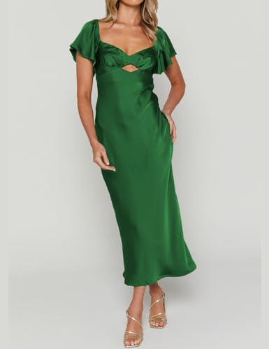 Image of Summer Satin Flutter Sleeve Wedding Guest Dresses for Women Sweetheart Neckline Cutout Tie Back Midi Cocktail Dress
