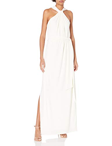 Halston Heritage Women's Sleeveless Knot Drape Neck Jersey Gown with Sash, Chalk, M
