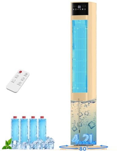 Image of HIFRESH Air Cooler for Home w /Memory & Aroma Function, 107CM Tower Fan, Remote & Touch Screen, 4 Modes & 3 Speeds, 15H Timer, 4.2L Dual Tanks, 6 Ice Packs, Low Power Consumption Tower Cooler