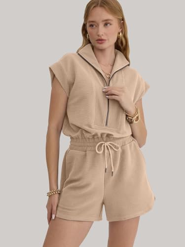Image of Rompers for Women Summer Short Sleeve Half Zip Lapel Collar Jumpsuit Casual Drawstring One Piece Outfits with Pockets