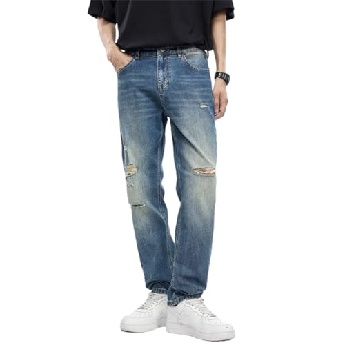 Men Slim Straight Stretch Denim Pants Hollow Out Distressed Jeans Hip Hop Vintage Ripped Jeans