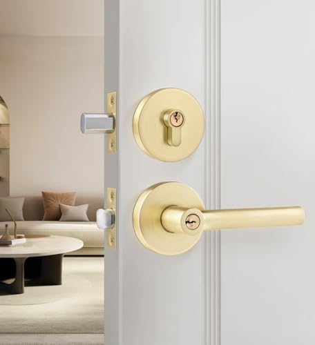 Leydebong 1 Pack Gold Heavy Duty Entrance Lever Door Handle (for Office and Front Door) Reversible for Right and Left Side Single Keyed Square Deadbolt Lock Set, Finish in Satin Brass