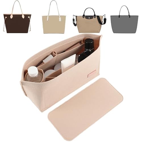 Doxo Purse Organizer Insert for Handbags & Base Shaper 2pc Set, Felt Neverfull MM Organizer Insert, Tote Bag Organizer with Zipper Pocket and Bottle Holder, Fit Speedy 30 Neverfull MM and More,Beige-L