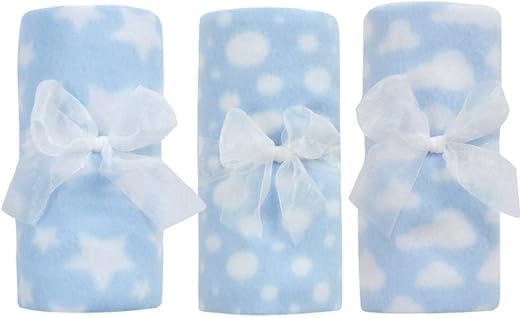 Set of 3 Blue Newborn Baby Boy Unisex Soft Light Weight Fleece Blankets/ Multi Purpose Patterned Comforter| Fits for Moses Basket Pram Crib Travel Car Home| 75 X75 CM| Economy Pack| Gift Idea