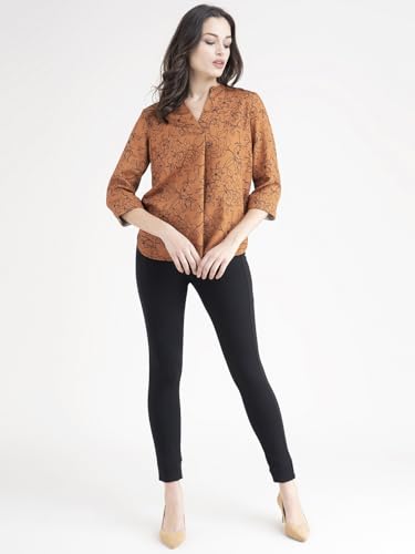 Image of FableStreet Women Shirt Work & Casual | Relaxed Fit Mandarin V-Neck Three-Quarter Sleeves Solid Pattern | Breathable Woven Fabric for Office & Everyday Wear