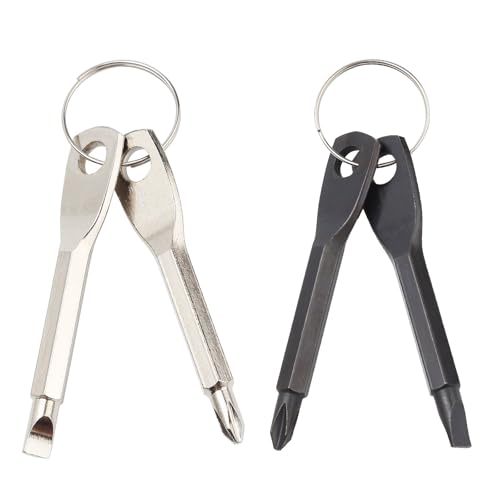 2 Set (4pcs) Portable Multifunction Key Chain Screwdriver Mini Key Shape Travel Kits Outdoor Screwdriver Tool with Key Ring Gifts for Men (Black and Silver)