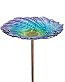 teyigarden Blue Glass Bird Bath for Outside with Metal Stake 10.5" | Shallow Decorative Garden Birdbath Bowl or Feeder for Backyard Patio Lawn | Outdoor Water Dish for Small Birds