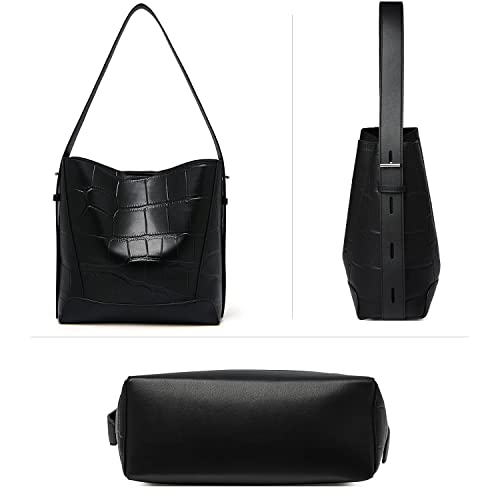 Foxlover Hobo Shoulder Bags For Women, Ladies Designer Leather Bucket Bags Handbag Purse (Black With Pattern) #TOP5