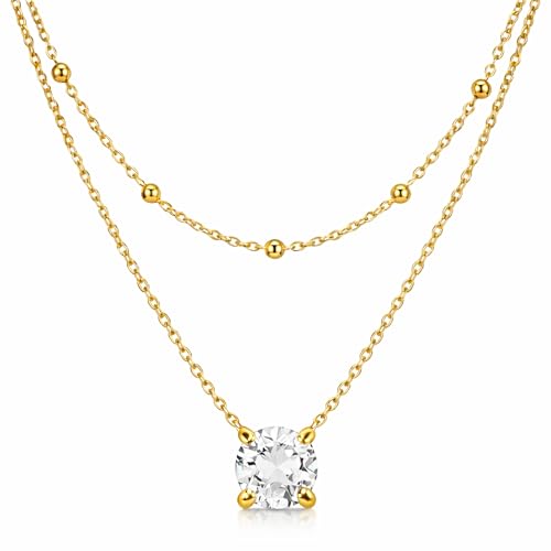 TILOVE April Birthstone Necklace Women – Clear Quartz Crystal Pendant – Layered Gold Plated Stainless Steel – French Design Gift for Her