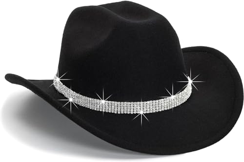Inogih Women Fringe-Rhinestone Western-Cowgirl-Hat Tassel-Decor Cowboy-Fedora-Hat For Party Music Festival cover