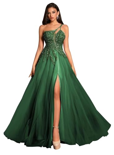 Image of MYDRESS Beading Tulle Prom Dresses 2026 with Pockets Spaghetti Strap Formal Evening Dresses with Slit